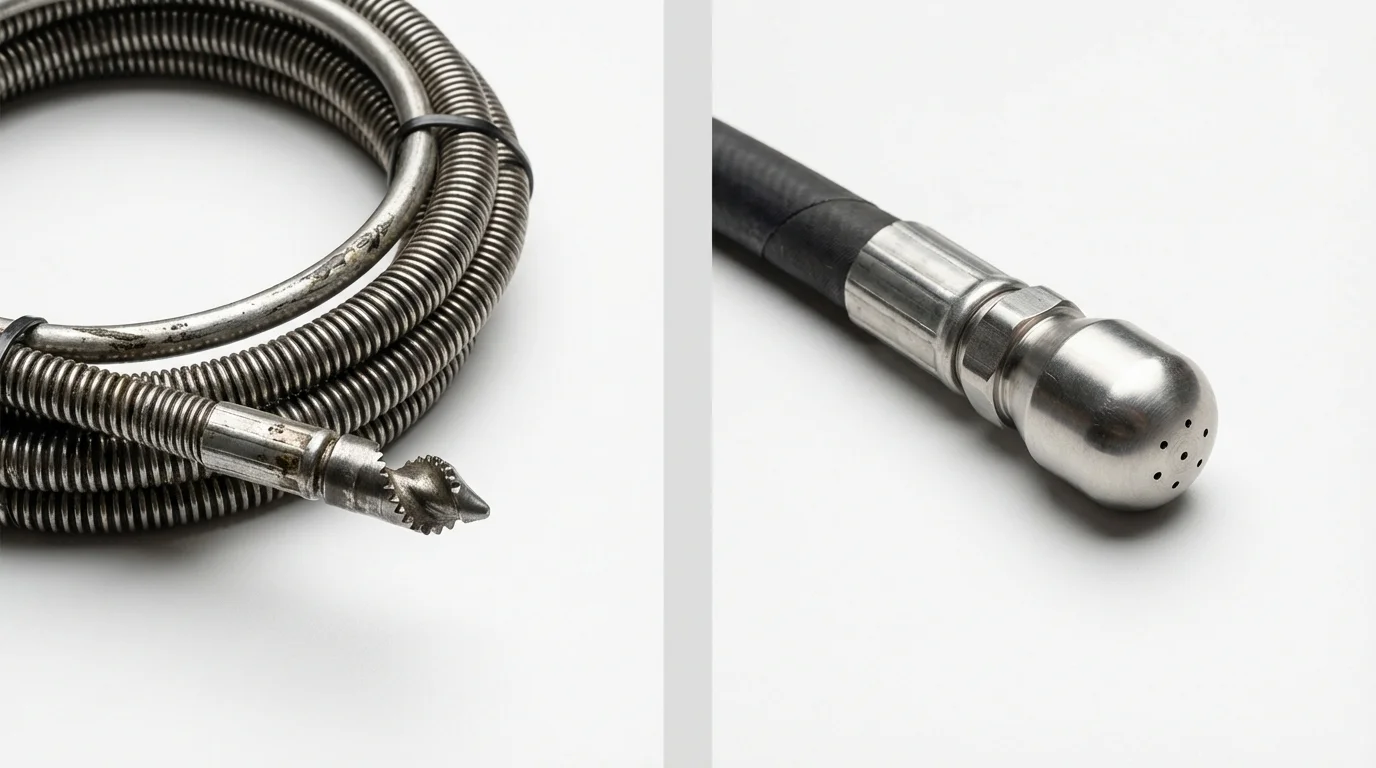 Drain snake cable and hydro jetting nozzle used for drain cleaning in Felton, DE