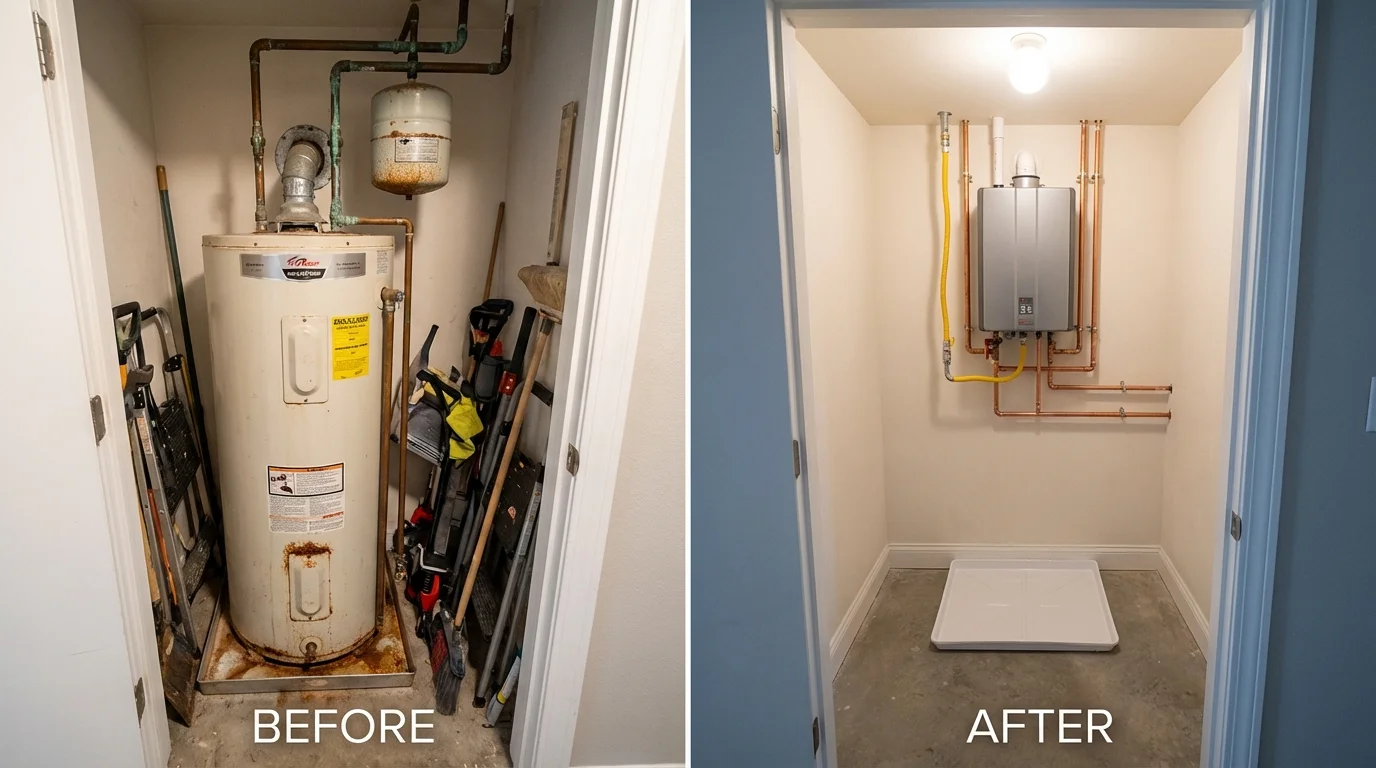 Tank water heater versus wall-mounted tankless unit comparison for Felton, DE homeowners