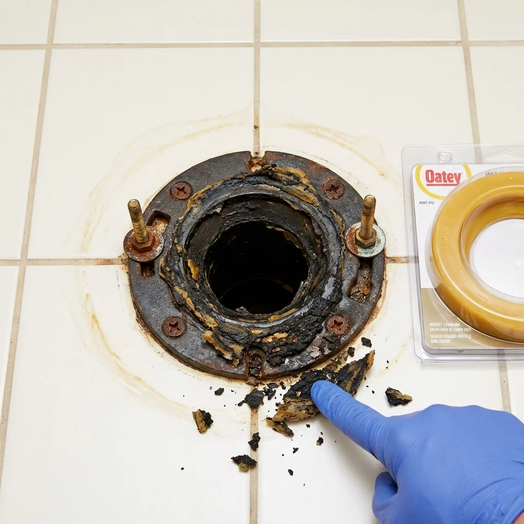 Failed wax ring showing water seepage at the base of a toilet in a Felton, DE home