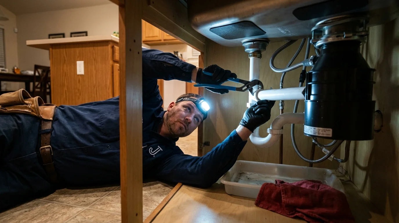 P-trap and supply line connections under a kitchen sink showing a common leak point in Felton, DE
